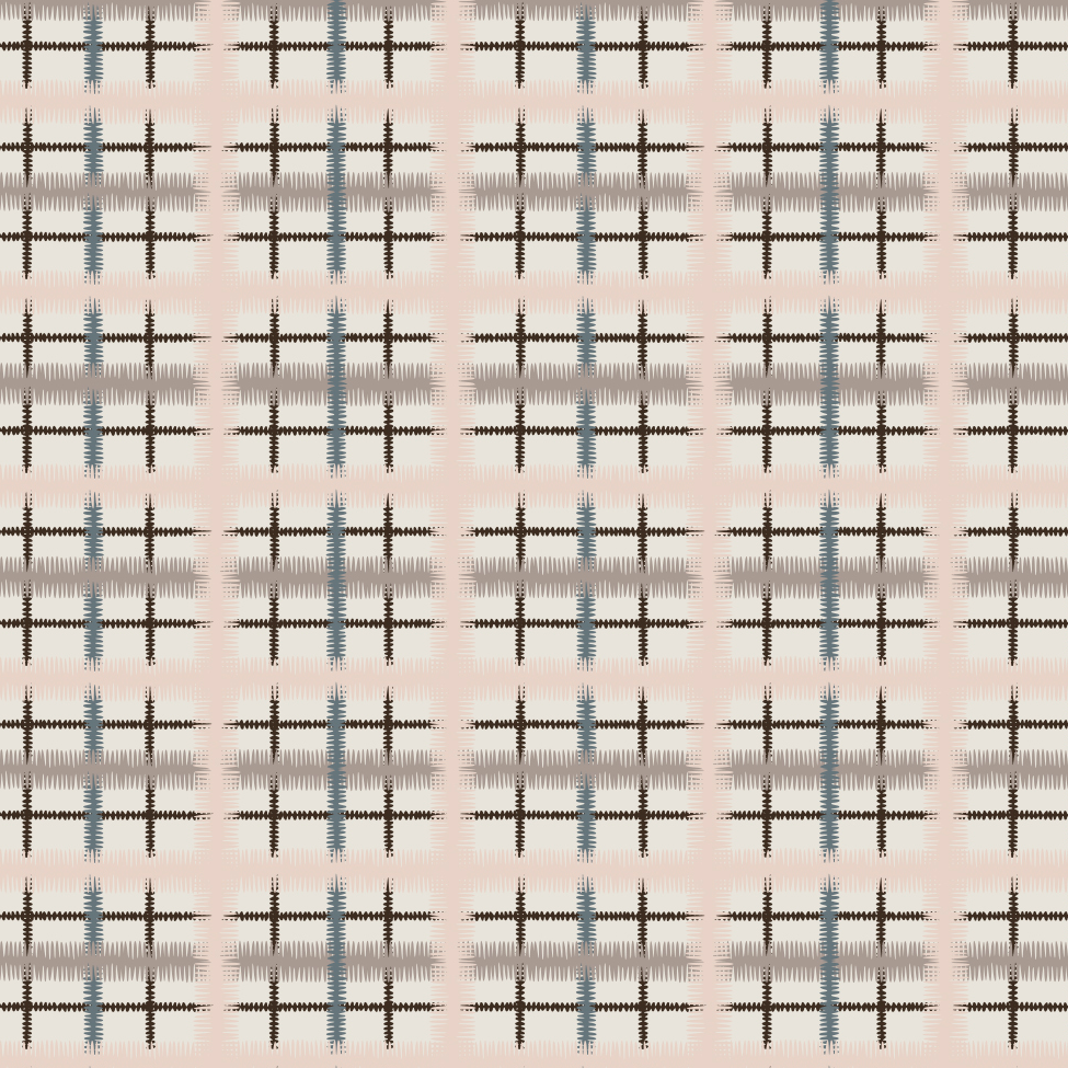 Detail of fabric in a squiggly check pattern in pink, blue and brown on a light blue field.