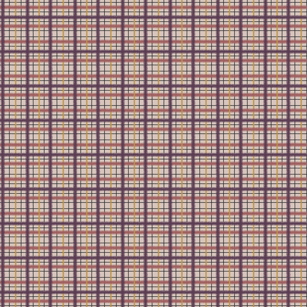 Scaled-out view of fabric in a squiggly check pattern in pink, purple and yellow on a light pink field.