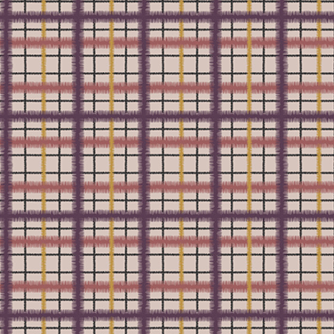 Detail of fabric in a squiggly check pattern in pink, purple and yellow on a light pink field.