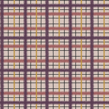 Detail of fabric in a squiggly check pattern in pink, purple and yellow on a light pink field.