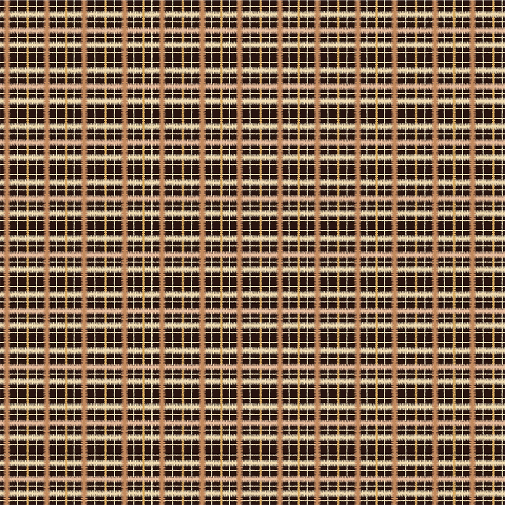 Scaled-out view of fabric in a squiggly check pattern in cream, brown and yellow on a black field.