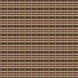 Scaled-out view of fabric in a squiggly check pattern in cream, brown and yellow on a black field.