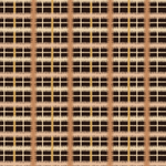 Detail of fabric in a squiggly check pattern in cream, brown and yellow on a black field.