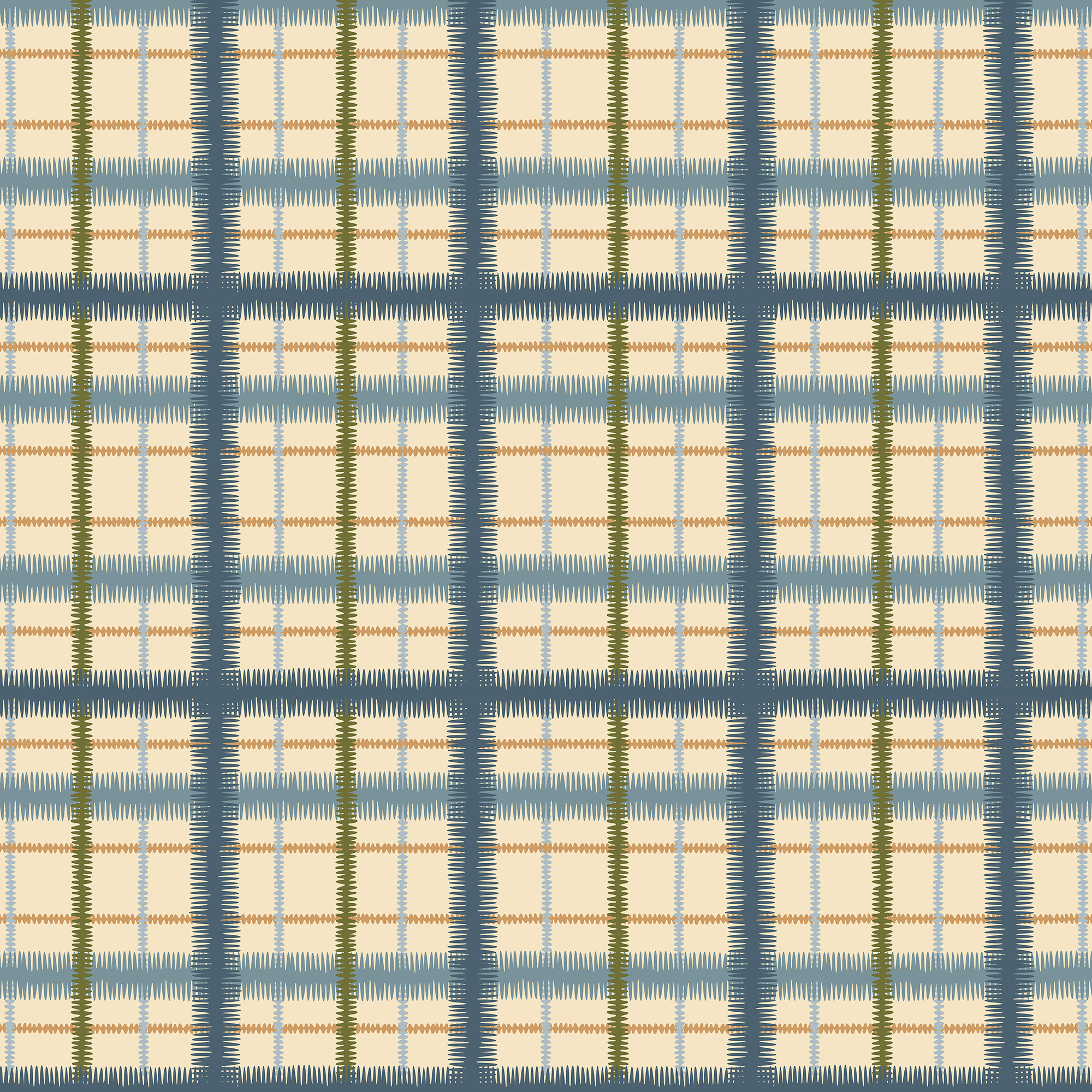 Scaled-out view of wallpaper in a squiggly check pattern in blue, green and gold on a light yellow field.