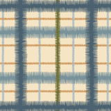 Detail of wallpaper in a squiggly check pattern in blue, green and gold on a light yellow field.