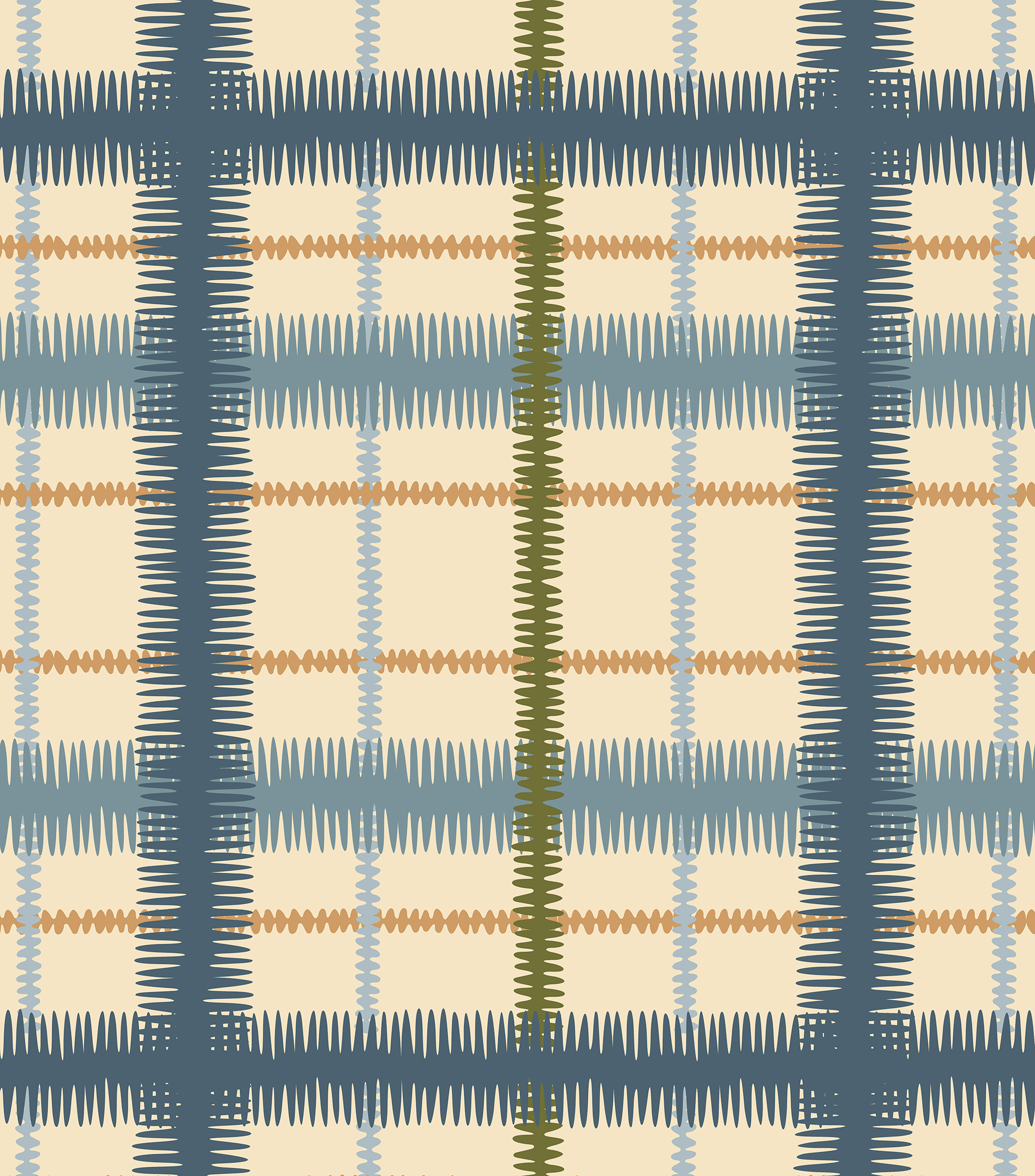 Detail of wallpaper in a squiggly check pattern in blue, green and gold on a light yellow field.