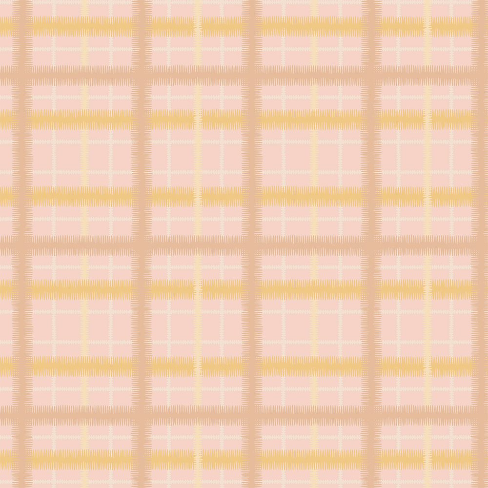 Scaled-out view of fabric in a squiggly check pattern in cream, brown and yellow on a pink field.