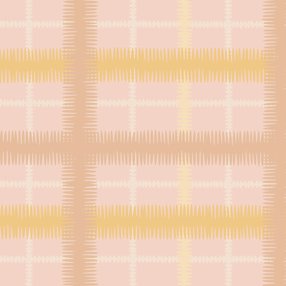 Detail of fabric in a squiggly check pattern in cream, brown and yellow on a pink field.