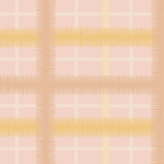 Detail of fabric in a squiggly check pattern in cream, brown and yellow on a pink field.