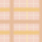 Detail of fabric in a squiggly check pattern in cream, brown and yellow on a pink field.