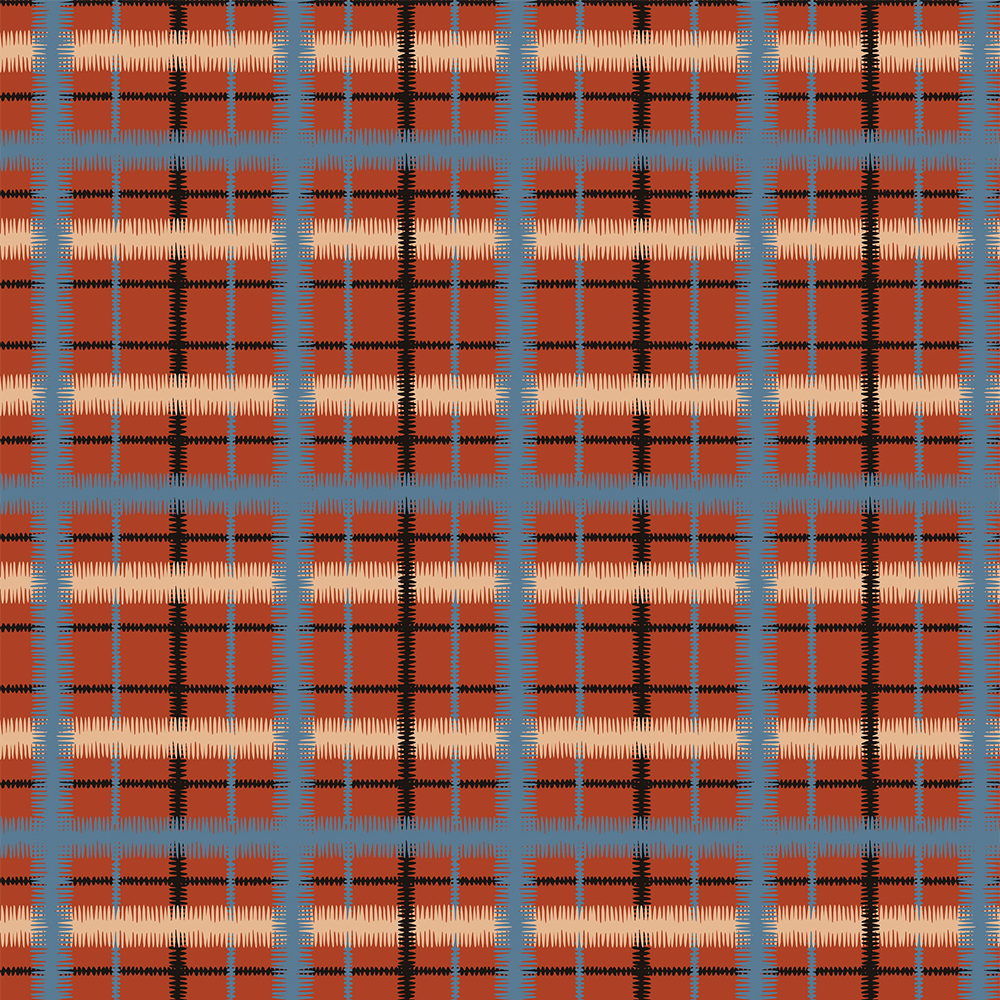 Scaled-out view of wallpaper in a squiggly check pattern in blue, cream and black on a red field.