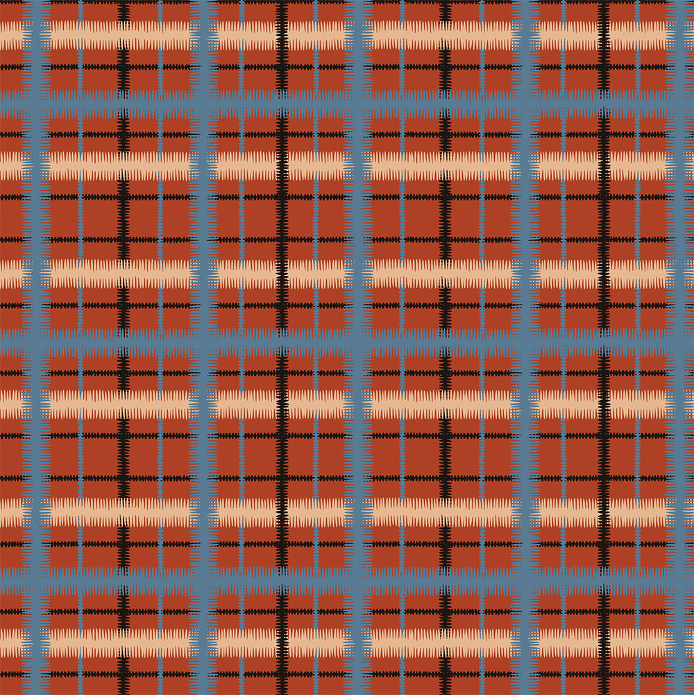 Scaled-out view of wallpaper in a squiggly check pattern in blue, cream and black on a red field.