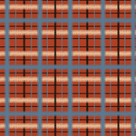 Scaled-out view of wallpaper in a squiggly check pattern in blue, cream and black on a red field.