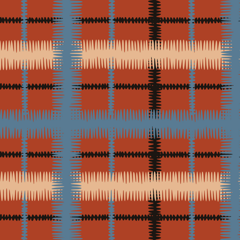 Detail of wallpaper in a squiggly check pattern in blue, cream and black on a red field.