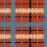 Detail of wallpaper in a squiggly check pattern in blue, cream and black on a red field.