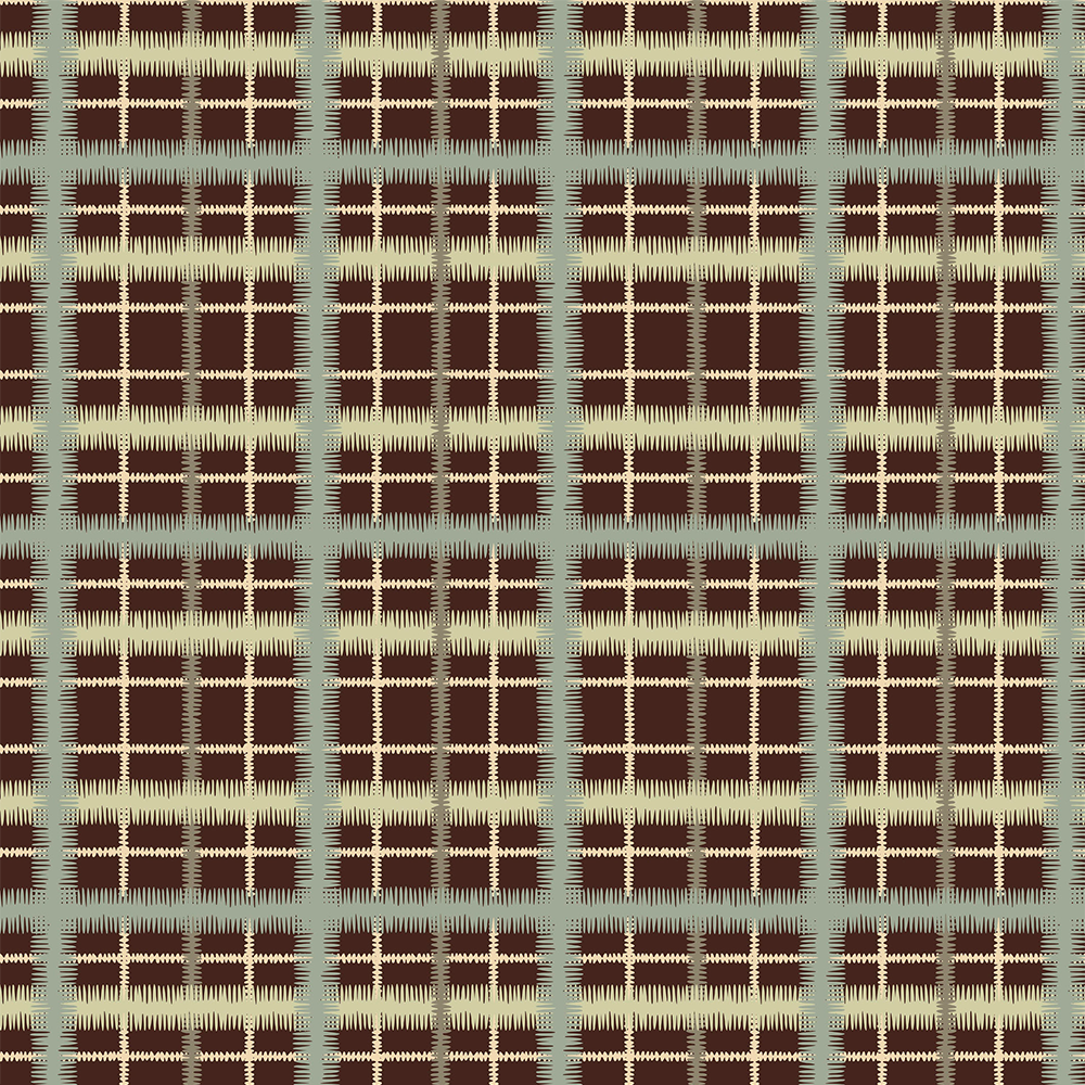 Scaled-out view of wallpaper in a squiggly check pattern in blue, green and cream on a brown field.