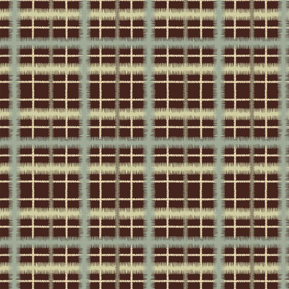 Scaled-out view of wallpaper in a squiggly check pattern in blue, green and cream on a brown field.