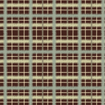 Scaled-out view of wallpaper in a squiggly check pattern in blue, green and cream on a brown field.