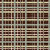 Scaled-out view of wallpaper in a squiggly check pattern in blue, green and cream on a brown field.