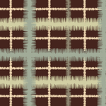 Detail of wallpaper in a squiggly check pattern in blue, green and cream on a brown field.