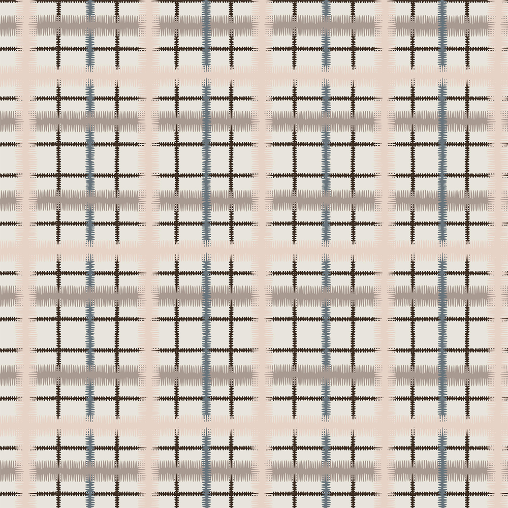 Scaled-out view of wallpaper in a squiggly check pattern in pink, blue and brown on a light blue field.