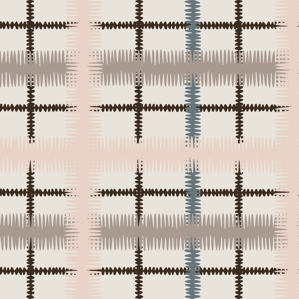 Detail of wallpaper in a squiggly check pattern in pink, blue and brown on a light blue field.