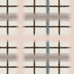 Detail of wallpaper in a squiggly check pattern in pink, blue and brown on a light blue field.