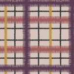 Detail of wallpaper in a squiggly check pattern in pink, purple and yellow on a light pink field.