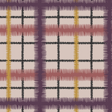 Detail of wallpaper in a squiggly check pattern in pink, purple and yellow on a light pink field.