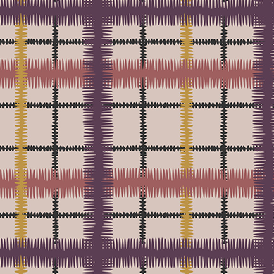 Detail of wallpaper in a squiggly check pattern in pink, purple and yellow on a light pink field.