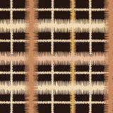 Detail of wallpaper in a squiggly check pattern in cream, brown and yellow on a black field.