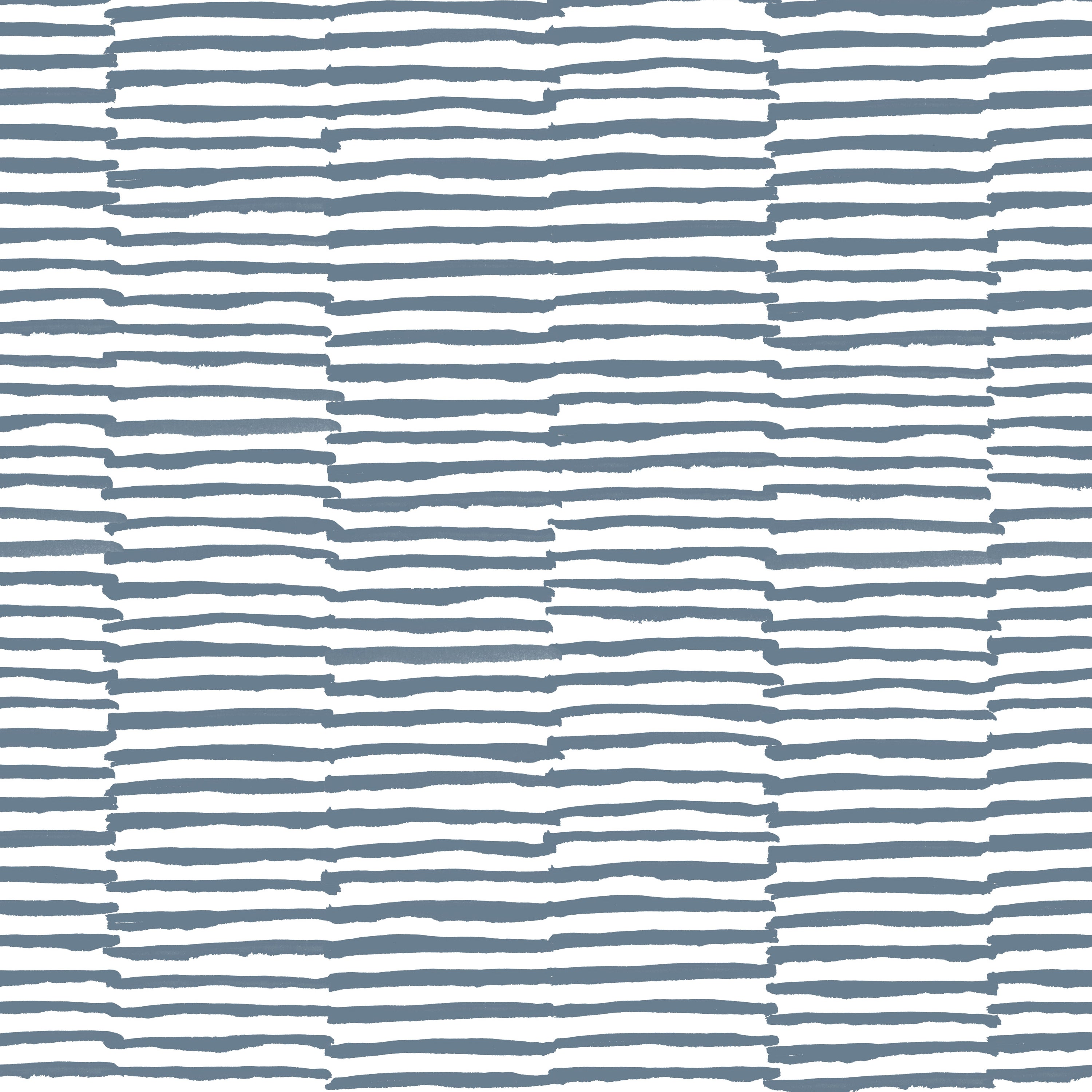 Detail of wallpaper in a broken stripe print in navy on a white field.