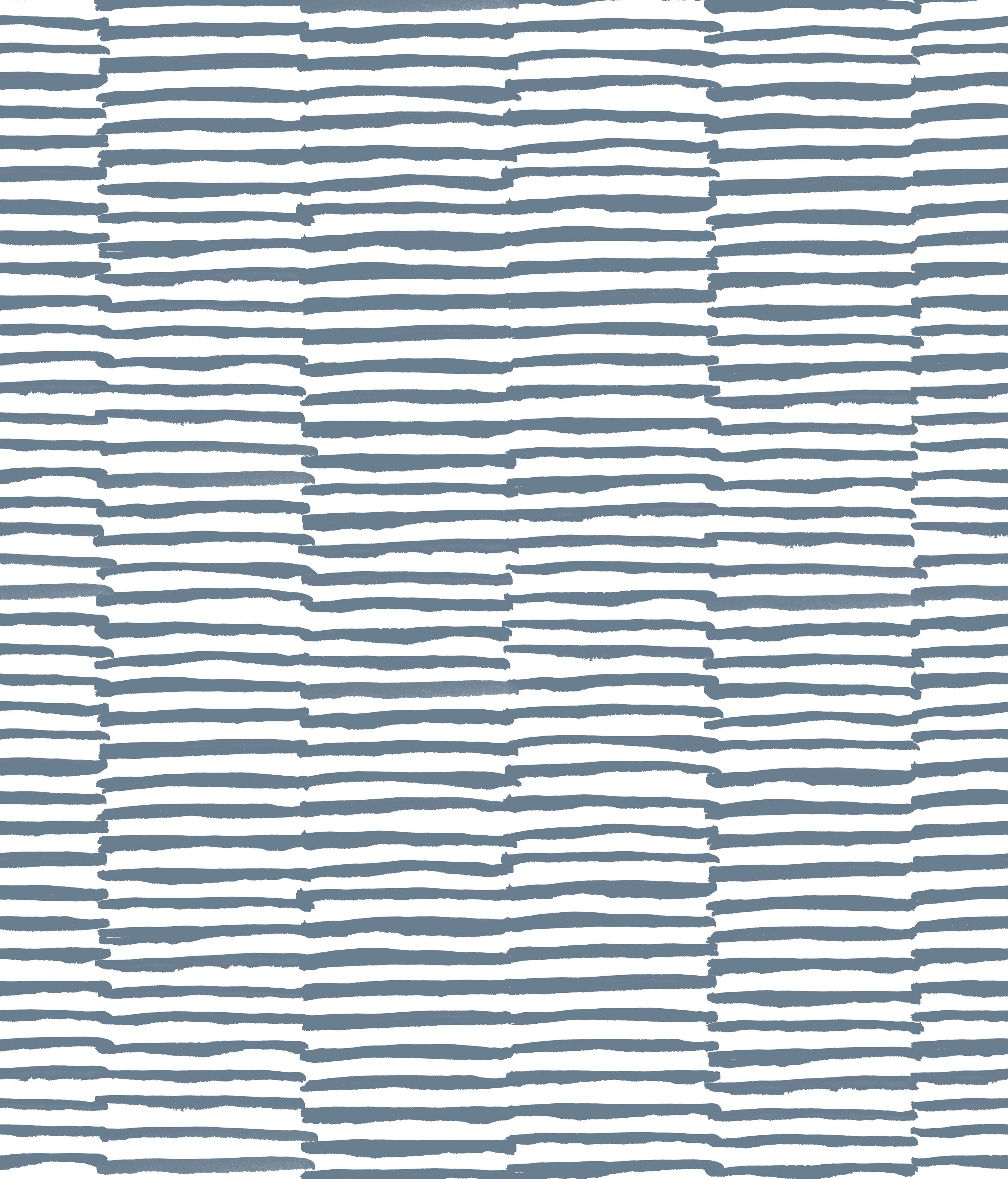 Detail of wallpaper in a broken stripe print in navy on a white field.