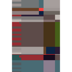 Artwork rendering of a flatwoven rug in a graphic broken stripe pattern in bright colors- orange, blue, grey, black and brown.