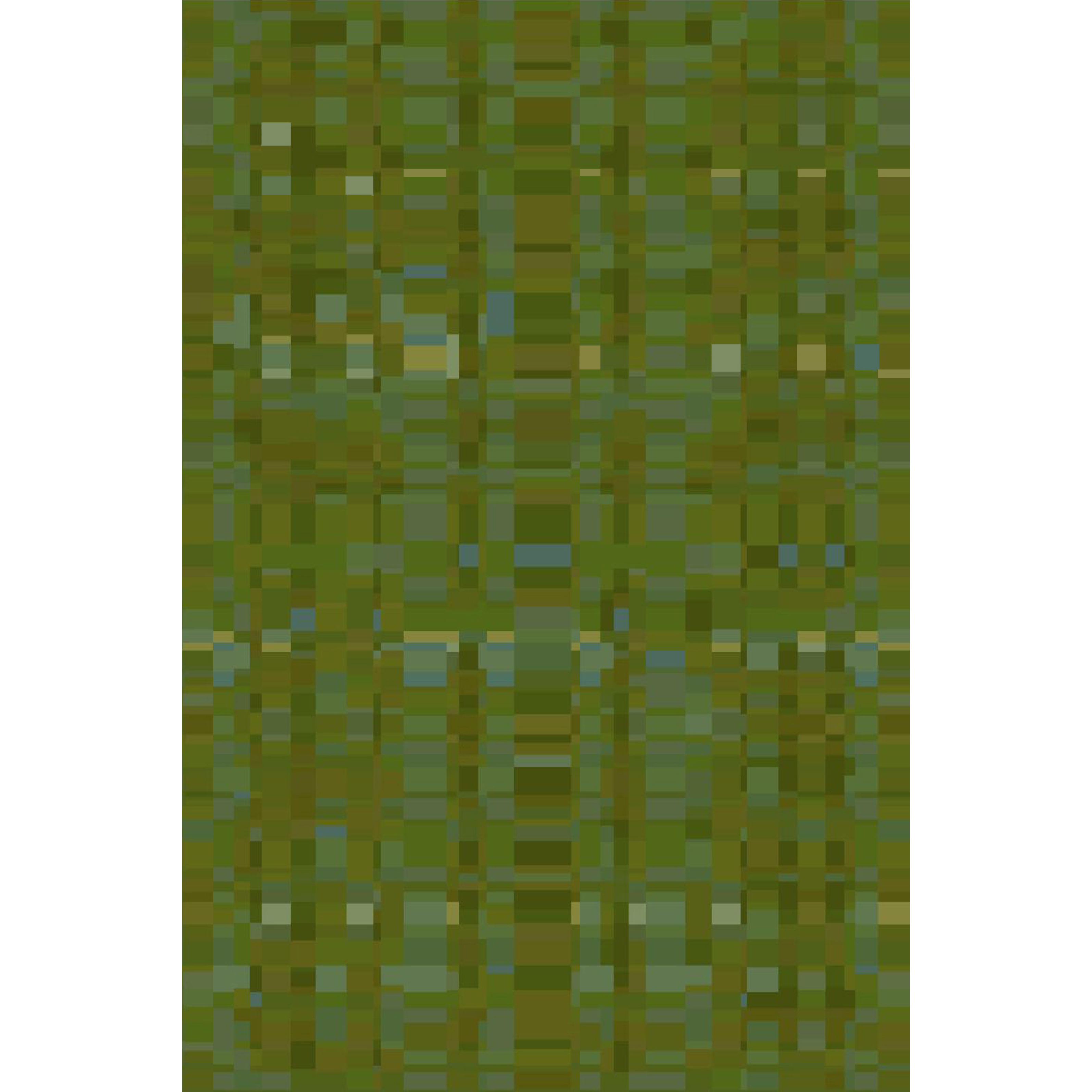 Artwork rendering of a handknotted rug in a dense geometric design in shades of a green and accents of yellow