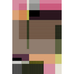 Artwork rendering of a a flatwoven rug in a graphic broken stripe pattern in bright colors- orange, lime, pink, black, grey brown and green.