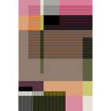 Artwork rendering of a a flatwoven rug in a graphic broken stripe pattern in bright colors- orange, lime, pink, black, grey brown and green.