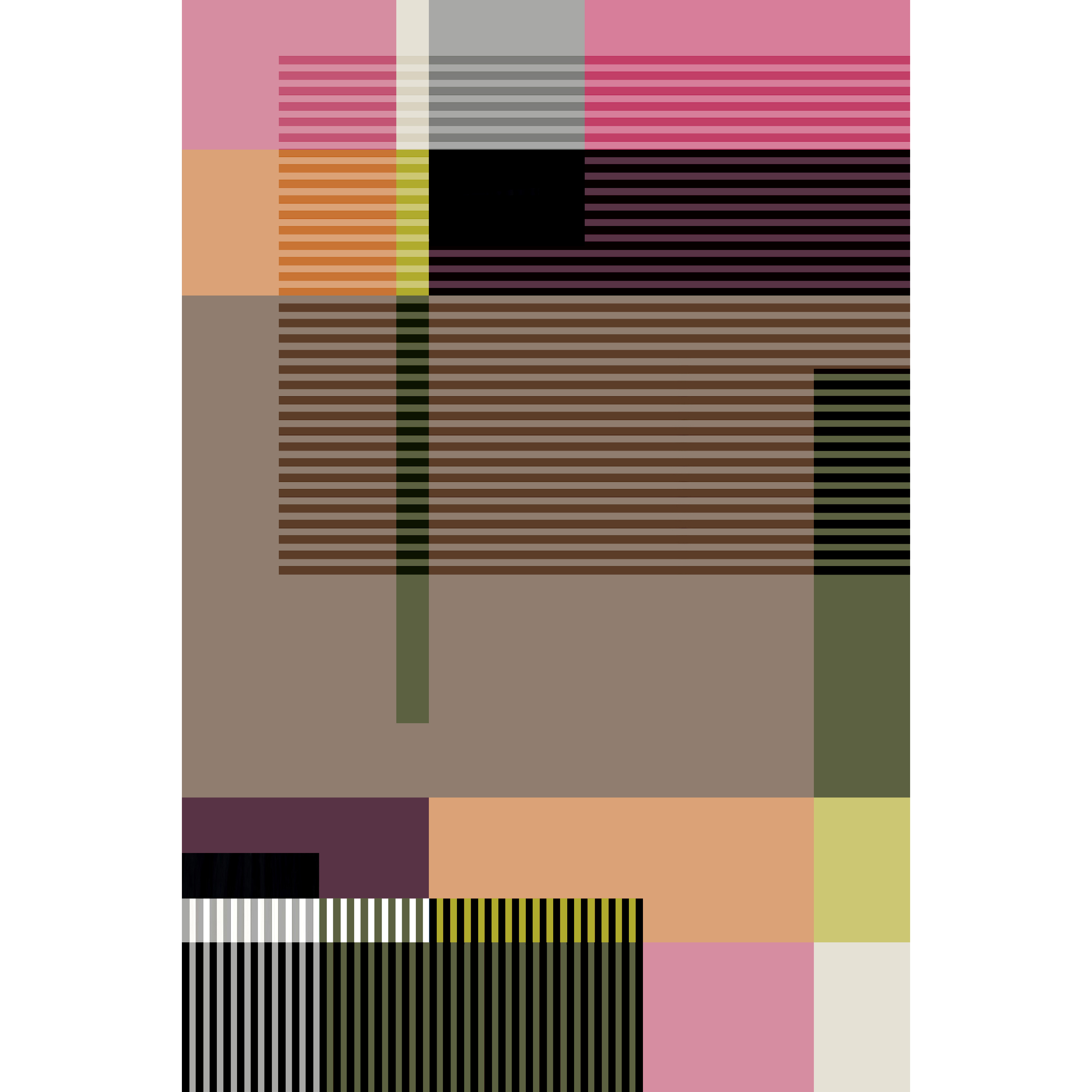 Artwork rendering of a a flatwoven rug in a graphic broken stripe pattern in bright colors- orange, lime, pink, black, grey brown and green.