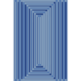 Artwork rendering of a handknotted rug in a graphic geometric design in shades of a blue.