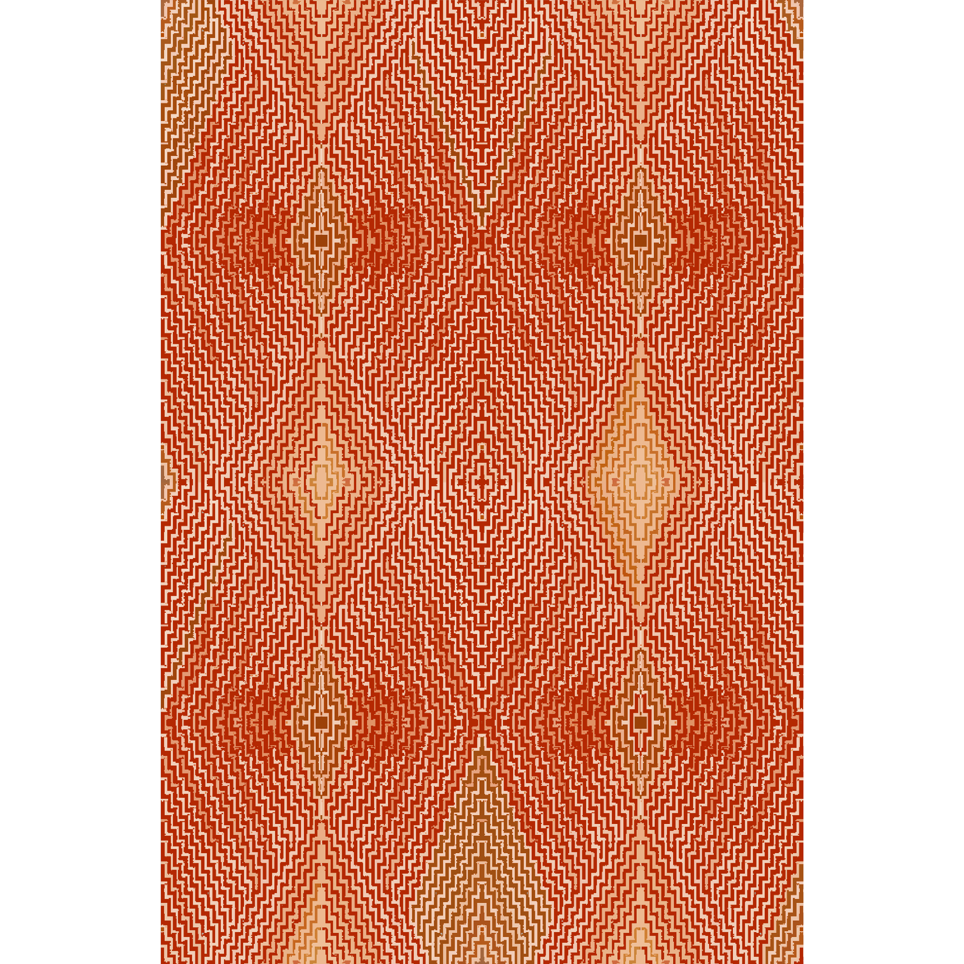 Artwork rendering of a flatwoven rug in a graphic diamond pattern in shades of orange, rust and brow