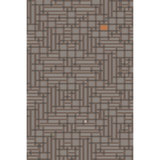 Artwork rendering of a handknotted rug in a dense geometric design in shades of brown with accents of red and blue.