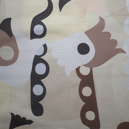 Fabric swatch in a playful modernist floral print in neutral shades on a cream field.