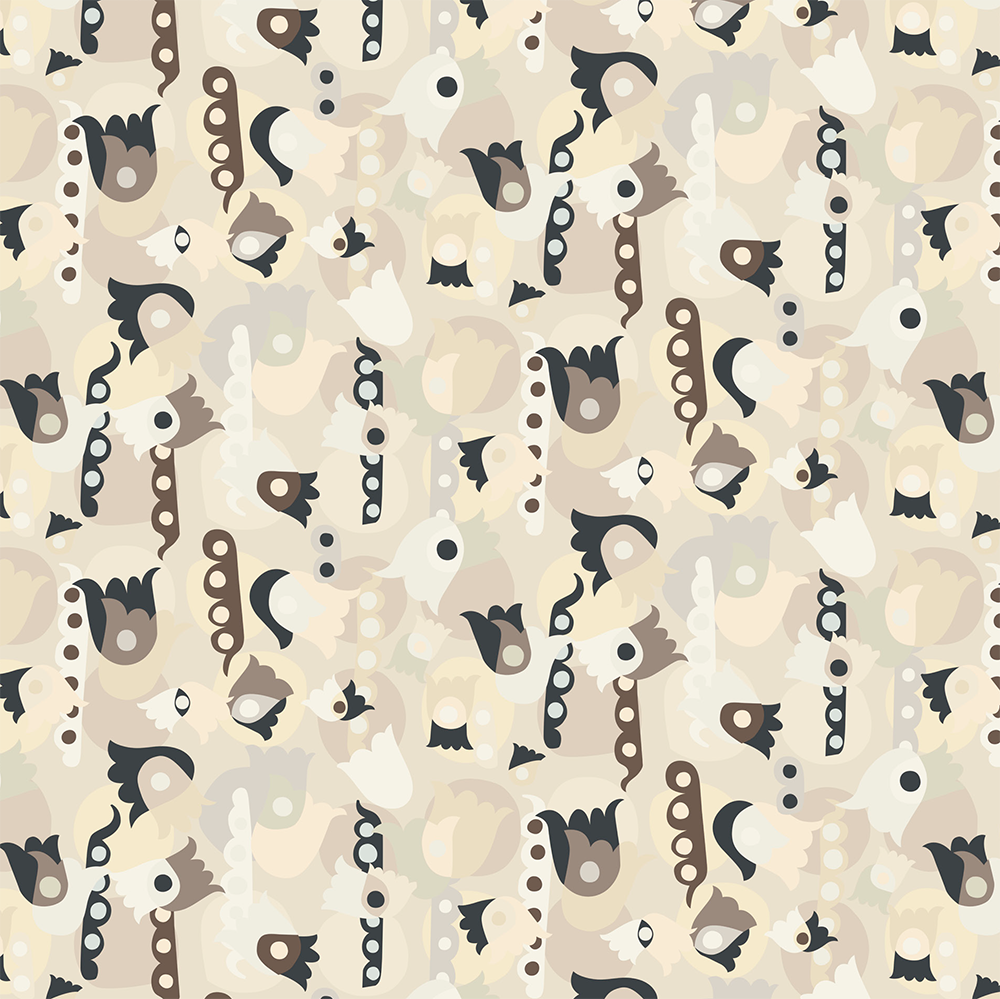 Scaled-out view of fabric in a playful modernist floral print in neutral shades on a cream field.