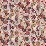 Scaled-out view of fabric in a playful modernist floral print in shades of pink, red and green on a light pink field.