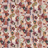 Scaled-out view of fabric in a playful modernist floral print in shades of pink, red and green on a light pink field.