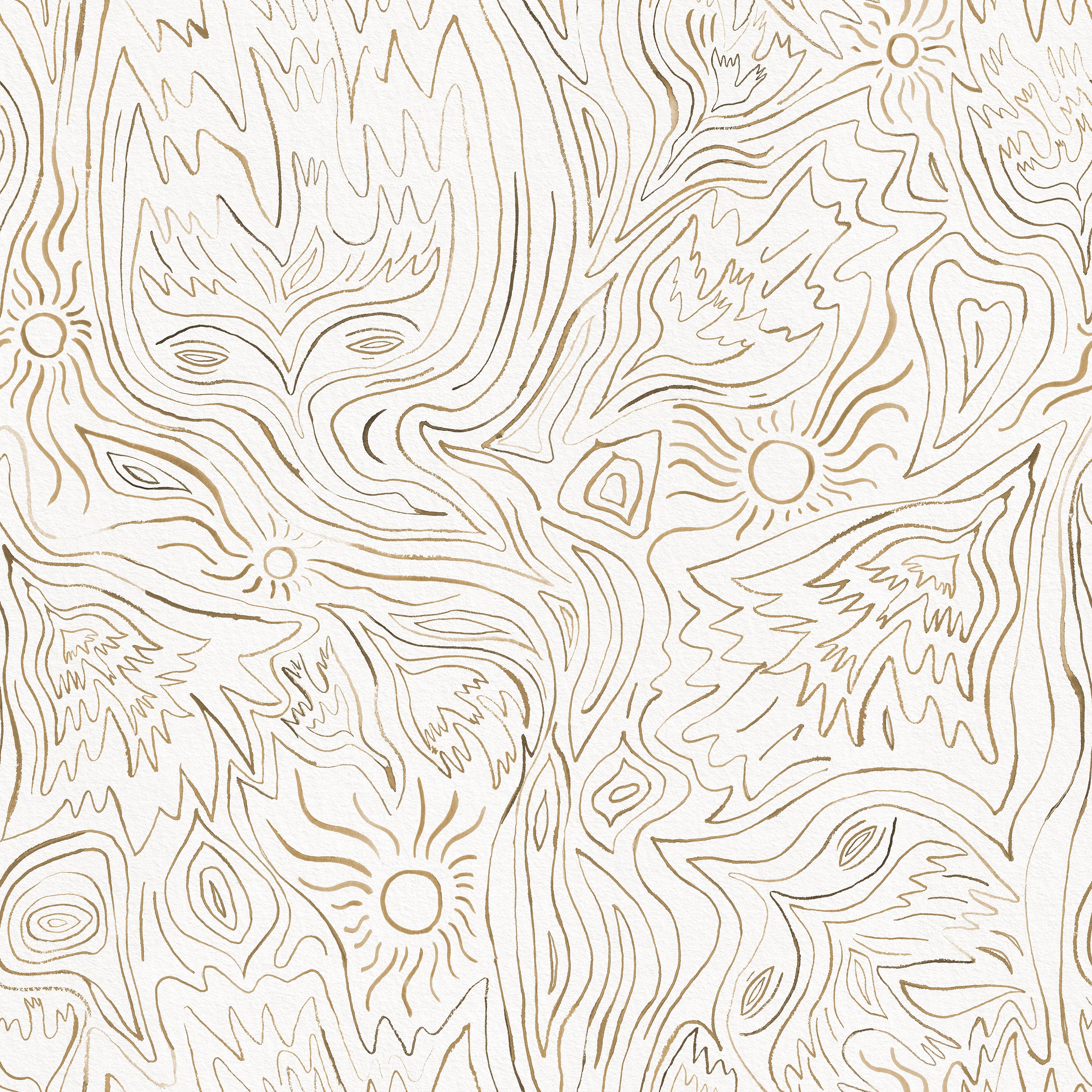 Detail of wallpaper in a playful abstract sun print in brown on a cream field.