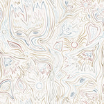 Detail of wallpaper in a playful abstract sun print in brown and blue on a white field.