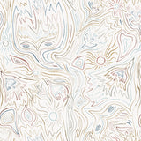 Detail of wallpaper in a playful abstract sun print in brown and blue on a white field.