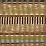 Textural flatweave rug in a varigated stripe in brown, tan, cream, green and blue.