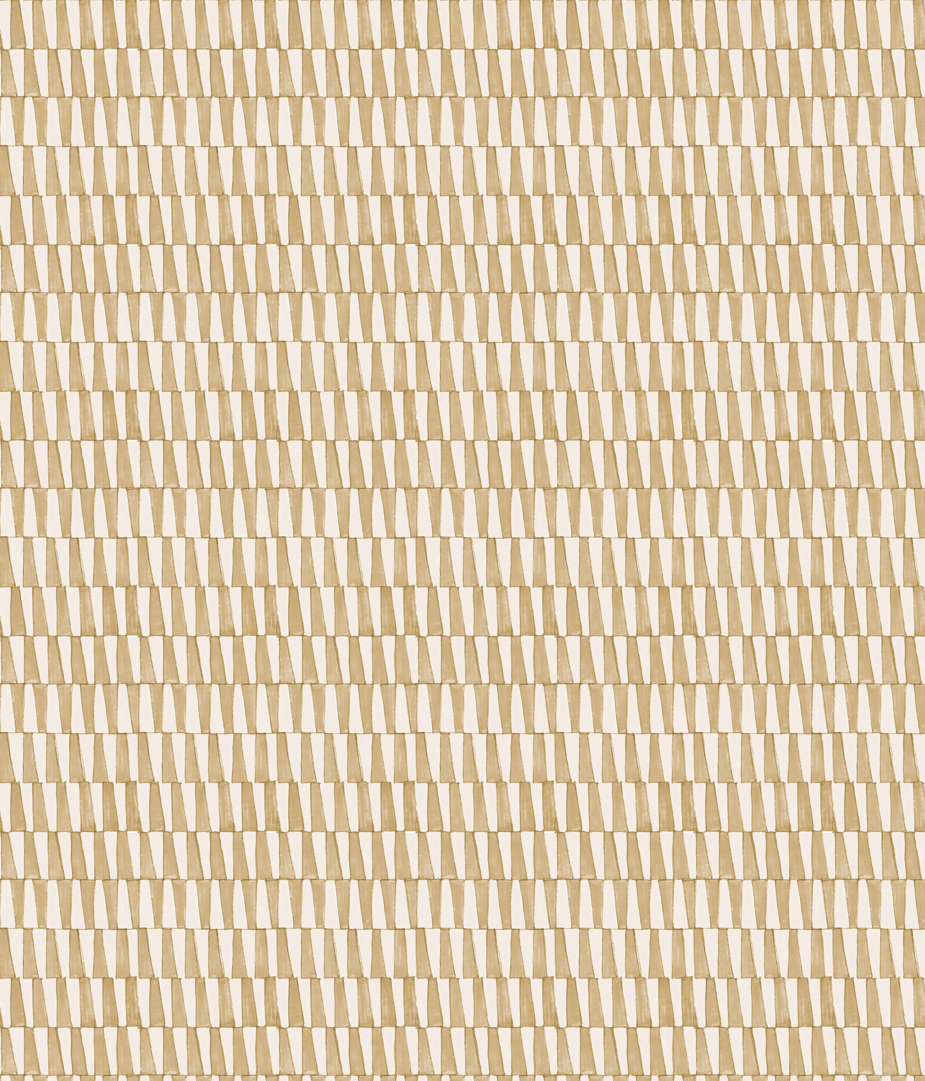 Detail of fabric in a playful triangular stripe print in tan and light brown.